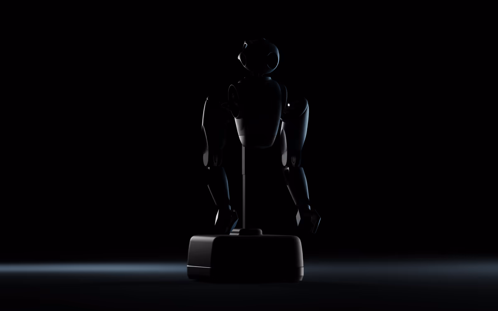Embodied AI robot silhouetted against a black background