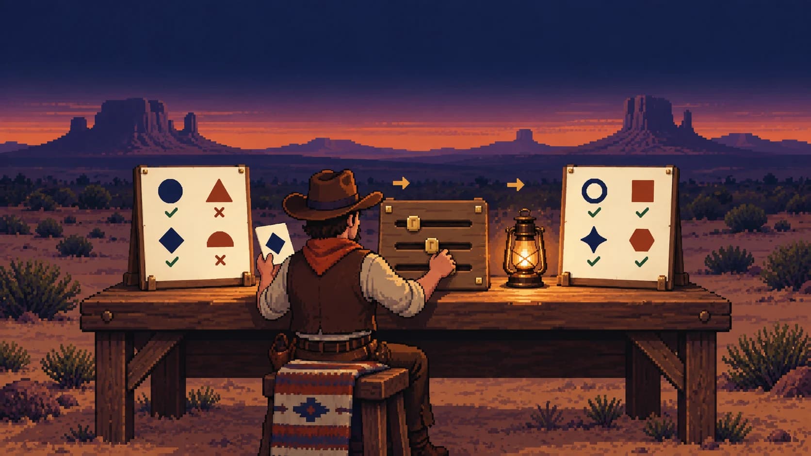 A cowboy at a desert workbench adjusts selection rules between a board of reviewed logo examples and a separate test set.