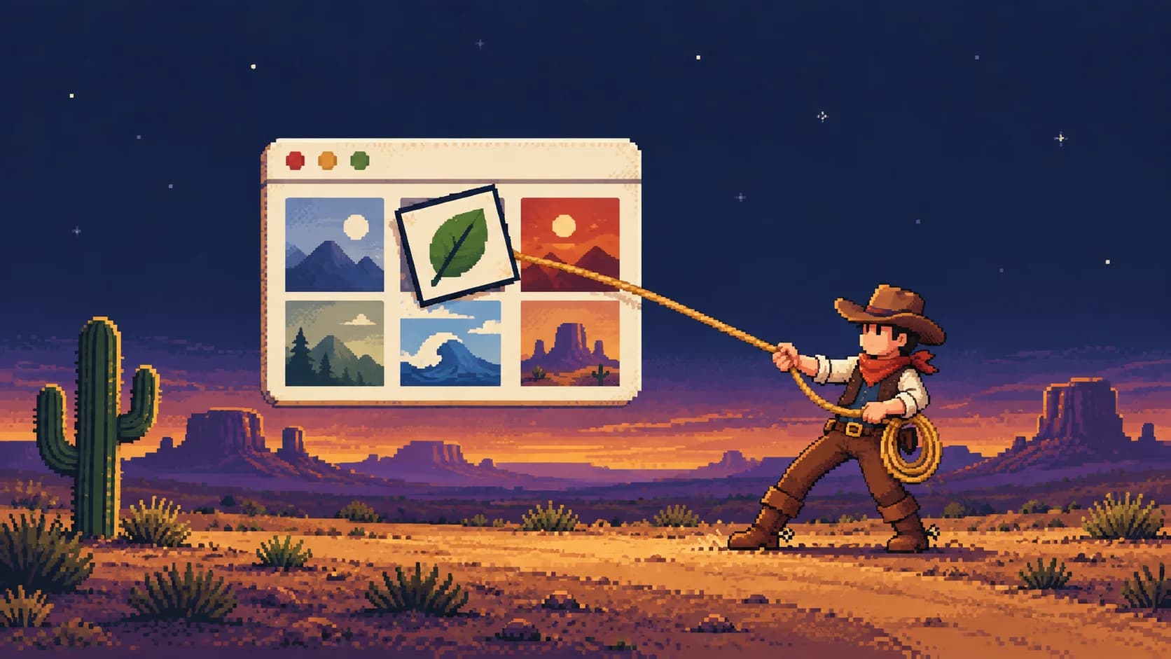 A pixel-art cowboy lassos a leaf logo from a browser window in a sunset desert with cacti and distant mesas.